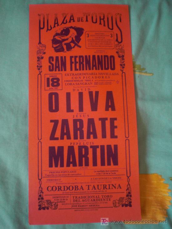 Stierkampf: C&Aacute;DIZ. CARTEL DE TOROS. PLAZA DE TOROS DE SAN FERNANDO. OLIVA, ZARATE, MARTIN. 1987.