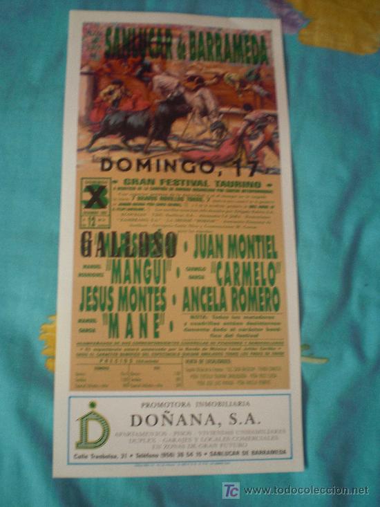 Tauromachia: CADIZ. CARTEL DE TOROS. PLAZA DE TOROS DE SANLUCAR DE BARRAMEDA. GALLOSO, MANGUI, CARMELO. 1989.