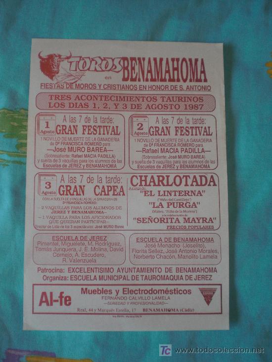 Tauromachie: CADIZ. CARTEL DE TOROS. TOROS EN BENAMAHOMA. MURO BAREA, MACIA PADILLA. 1987.