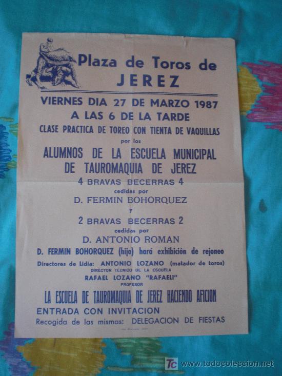 Tauromachia: CADIZ. CARTEL TOROS.PLAZA DE TOROS DE JEREZ. CLASE TOREO POR ALUMNOS ESCUELA TAUROMAQUIA JEREZ. 1987