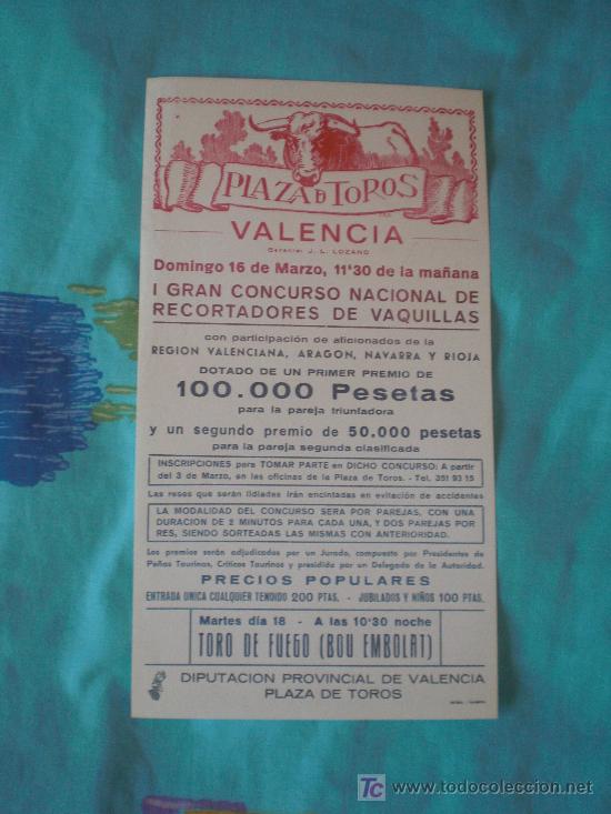 Tauromachia: VALENCIA. CARTEL DE TOROS. PLAZA DE TOROS VALENCIA. I CONCURSO NACIONAL DE RECORTADORES VAQUILLAS.