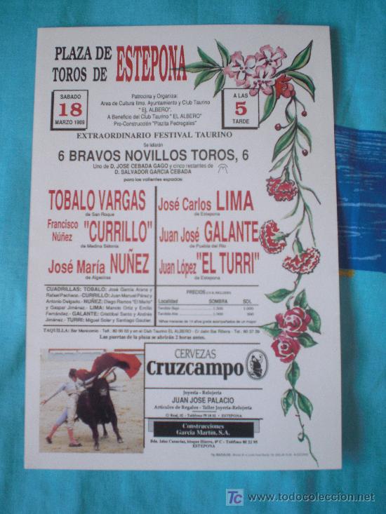 Tauromachie: MALAGA. CARTEL DE TOROS. PLAZA DE TOROS DE ESTEPONA. VARGAS, NU&Ntilde;EZ, GALANTE, EL TURRI, LIMA. 1989.