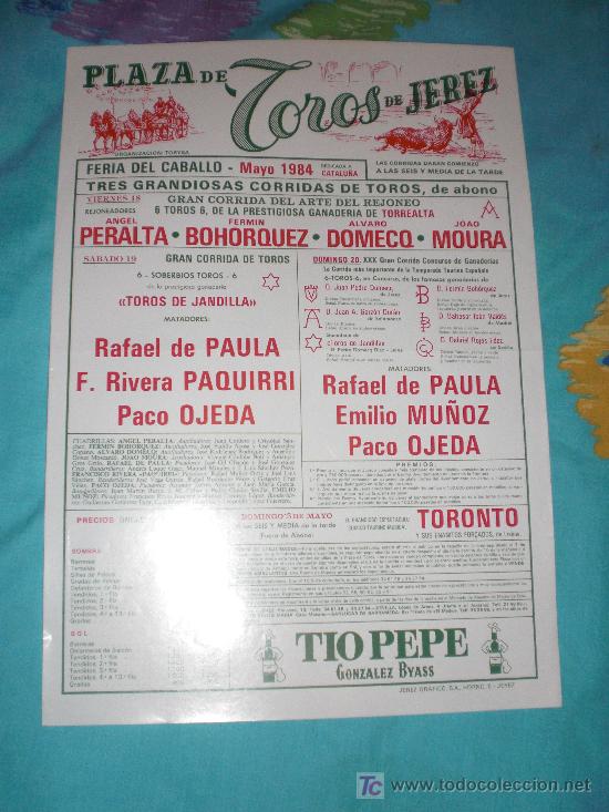 Tauromachie: CADIZ. CARTEL DE TOROS. PLAZA DE TOROS DE JEREZ. PAULA, PAQUIRRI, OJEDA,MOURA,DOMECQ, PERALTA. 1984.