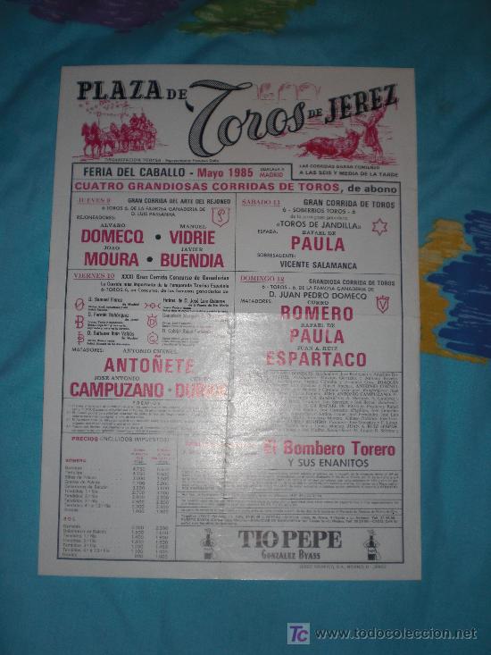 Tauromachie: CADIZ. CARTEL DE TOROS. PLAZA DE TOROS DE JEREZ. VIDRIE, MOURA, BUENDIA, ESPARTACO, ROMERO. 1985.