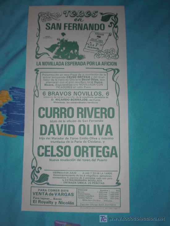 Tauromachie: CADIZ. CARTEL DE TOROS. TOROS EN SAN FERNANDO. CURRO RIVERO, OLIVA, CELSO ORTEGA. 1984.