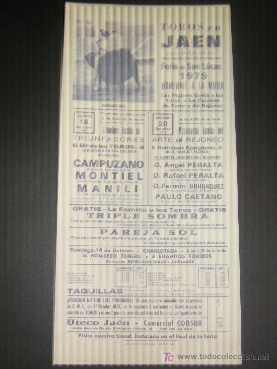 Stierkampf: CARTEL DE TOROS. PLAZA DE TOROS DE JAEN. 1979. CAMPUZANO. MONTIEL. MANILI. PERALTA. BOHORQUEZ.