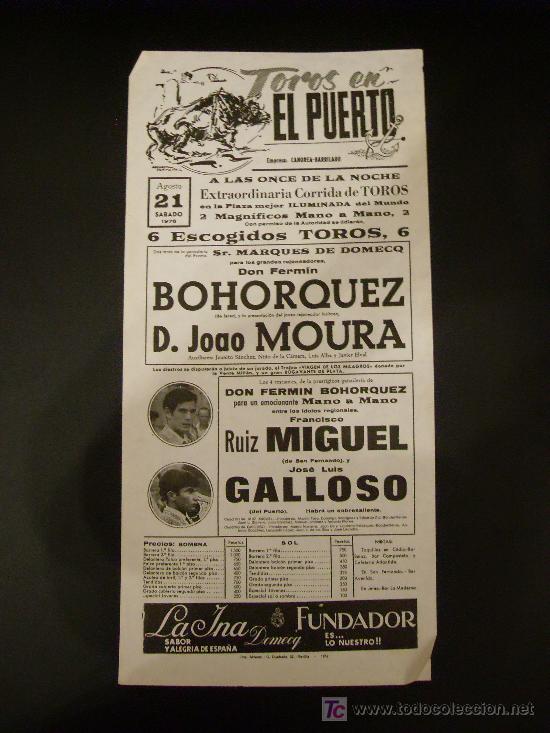 Tauromachie: CARTEL DE TOROS. PLAZA DE TOROS DE EL PUERTO. 1976. BOHORQUEZ. MOURA. RUIZ MIGUEL. GALLOSO.