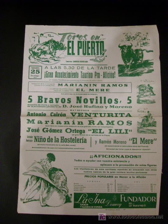 Bullfighting: CARTEL DE TOROS. PLAZA DE TOROS DE EL PUERTO. 1977. VENTURITA. RAMOS. EL LILI. EL MERE.