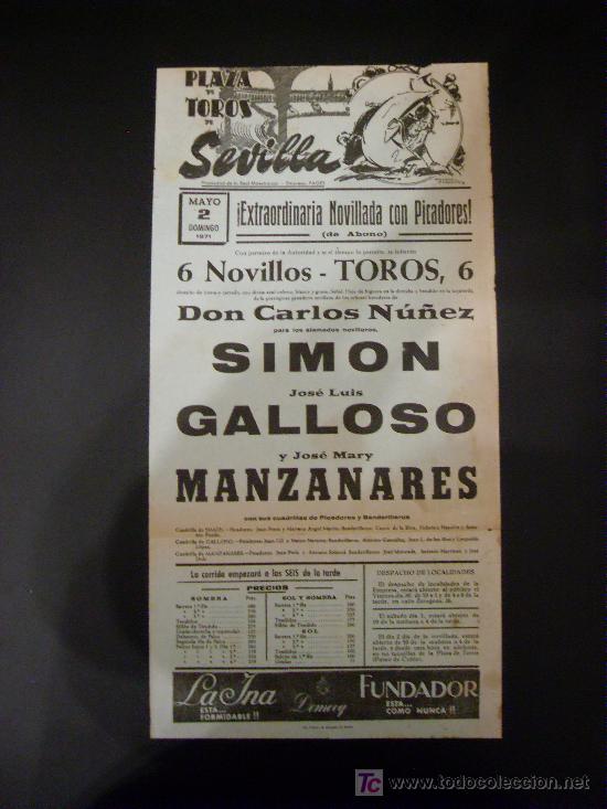 Stierkampf: CARTEL DE TOROS. PLAZA DE TOROS DE SEVILLA. 1970. SIMON. GALLOSO. MANZANARES.