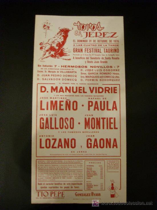 Tauromachie: CARTEL DE TOROS. PLAZA DE TOROS DE JEREZ. 1976. VIDRIE. LIME&Ntilde;O. PAULA. GALLOSO. MONTIEL. LOZANO.