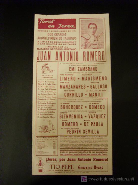 Tauromachie: CARTEL DE TOROS. PLAZA DE TOROS DE JEREZ. 1974. ZAMBRANO. LIME&Ntilde;O. MARISME&Ntilde;O. MANZANARES. GALLOSO.