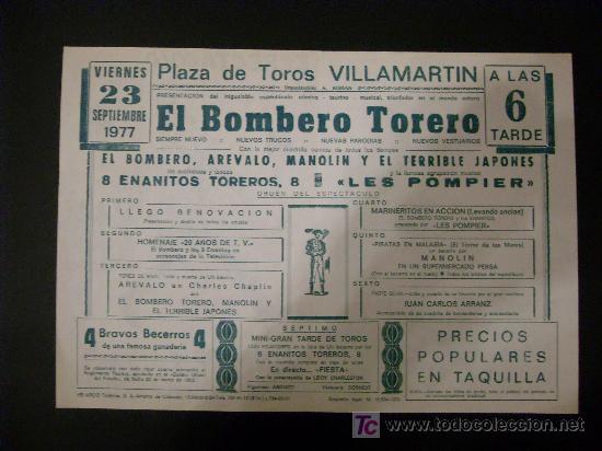Tauromachie: CARTEL DE CIRCO. PLAZA DE TOROS DE VILLAMARTIN. EL BOMBERO TORERO. AREVALO. MANOLIN. LES POMPIER.