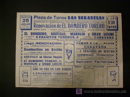 Tauromachie: CARTEL DE CIRCO. PLAZA DE TOROS DE SAN SEBASTIAN. 1965. EL BOMBERO TORERO. AREVALO. MANOLI.