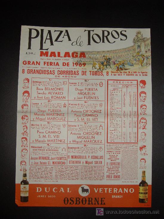 Tauromachia: CARTEL DE TOROS. PLAZA DE TOROS DE MALAGA. 1969. BELMONTE. ALVARO. ROMAN. PUERTA. FUENTES.