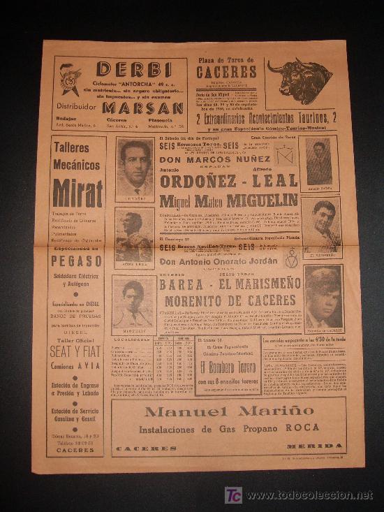 Tauromachia: CARTEL DE TOROS. PLAZA DE TOROS DE CACERES. 1968. LEAL. MIGUELIN. BAREA. EL MARISME&Ntilde;O. MORENITO