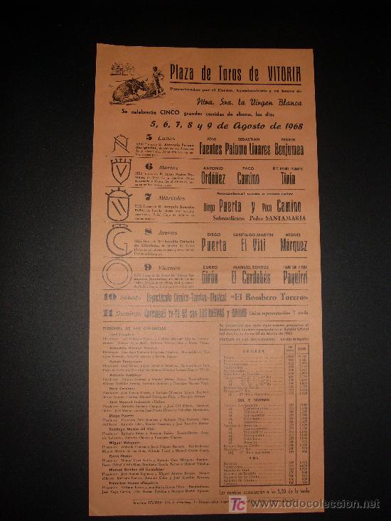 Tauromachia: CARTEL DE TOROS. PLAZA DE TOROS DE VITORIA. 1968. BENJUMEA. TININ. GIRON. EL BOMBERO TORERO.