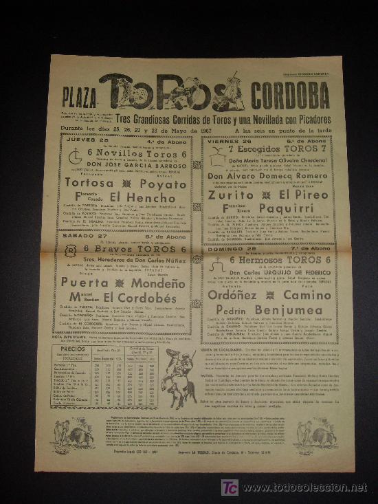 Tauromachia: CARTEL DE TOROS. PLAZA DE TOROS DE CORDOBA. 1967. TORTOSA. POYATO. EL HENCHO. ZURITO. BENJUMEA.