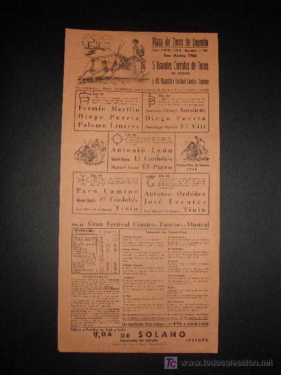 Tauromachia: CARTEL DE TOROS. PLAZA DE TOROS DE LOGRO&Ntilde;O. 1966. MURILLO. PUERTA. LINARES. ANTO&Ntilde;ETE. EL VITI.
