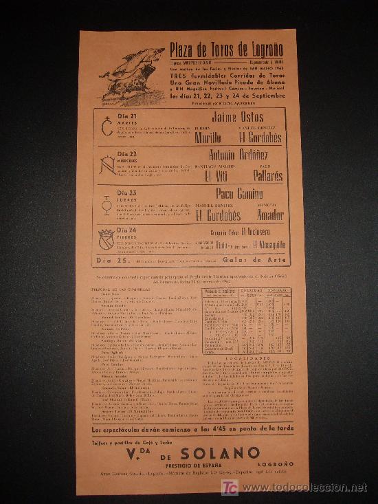 Tauromaquia: CARTEL DE TOROS. PLAZA DE TOROS DE LOGRO&Ntilde;O. 1965. OSTOS. MURILLO. EL CORDOBES. ORDO&Ntilde;EZ. PALLARES.