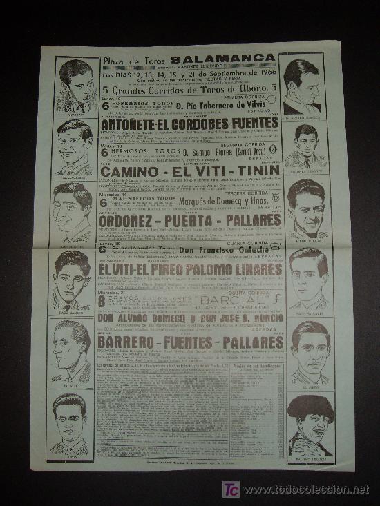 Tauromaquia: CARTEL DE TOROS. PLAZA DE TOROS DE SALAMANCA. 1966. ANTO&Ntilde;ETE. EL CORDOBES. FUENTES. CAMINO. EL VITI.