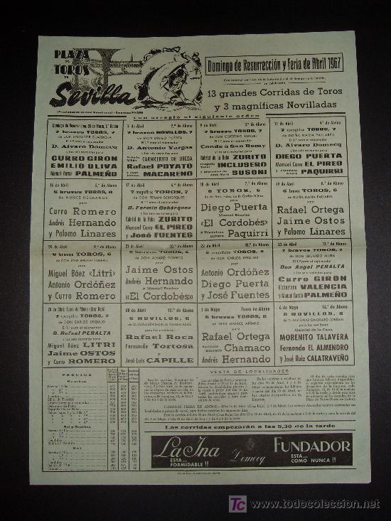 Tauromaquia: CARTEL DE TOROS. PLAZA DE TOROS DE SEVILLA. 1967. GIRON. OLIVA. PALME&Ntilde;O. POYATO. MACARENO. ZURITO.