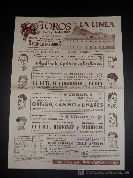 Tauromaquia: CARTEL DE TOROS. PLAZA DE TOROS DE LA LINEA. 1967. ARENILLA. MARQUEZ. BELMONTE. EL VITI. EL CORDOBES