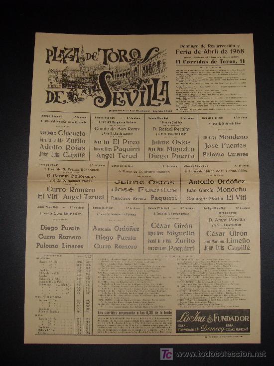Tauromachia: CARTEL DE TOROS. PLAZA DE TOROS DE SEVILLA. 1968. CHICUELO. ZURITO. ROJAS. CAPILLE. EL PIREO. TERUEL