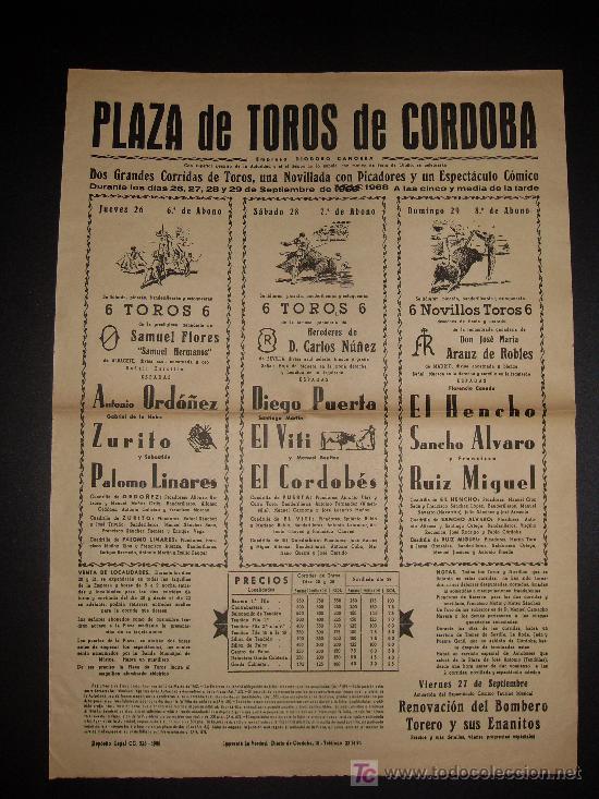 Tauromachia: CARTEL DE TOROS. PLAZA DE TOROS DE CORDOBA. 1968. ORDO&Ntilde;EZ. PUERTA. ZURITO. LINARES. EL VITI.