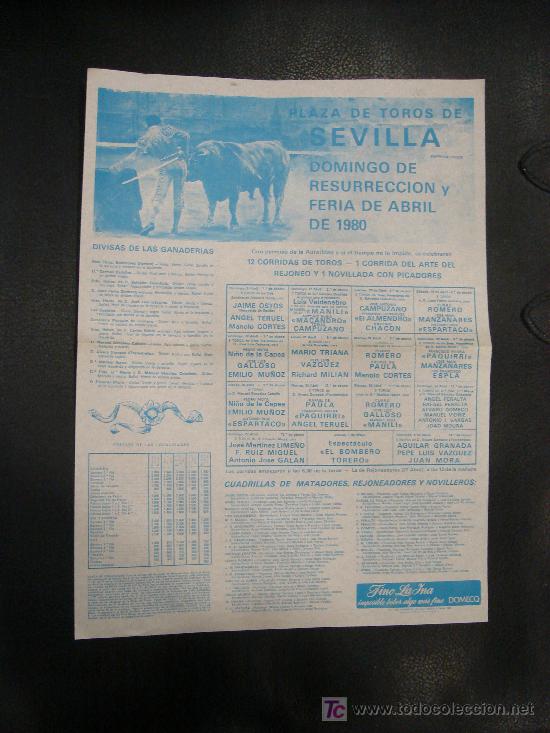 Tauromachie: CARTEL DE TOROS. PLAZA DE TOROS DE SEVILLA. DOMINGO DE RESURRECCION Y FERIA DE ABRIL.1980.