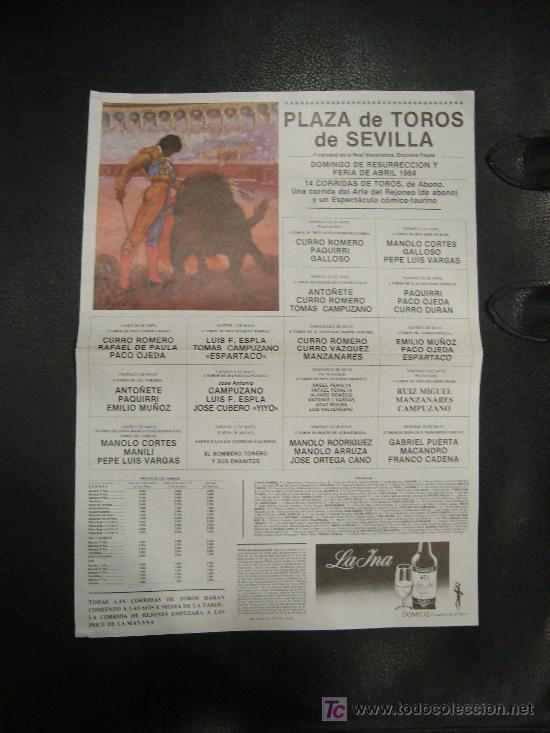 Tauromachie: CARTEL DE TOROS. PLAZA DE TOROS DE SEVILLA. DOMINGO DE RESURRECCION Y FERIA DE ABRIL. 1984.
