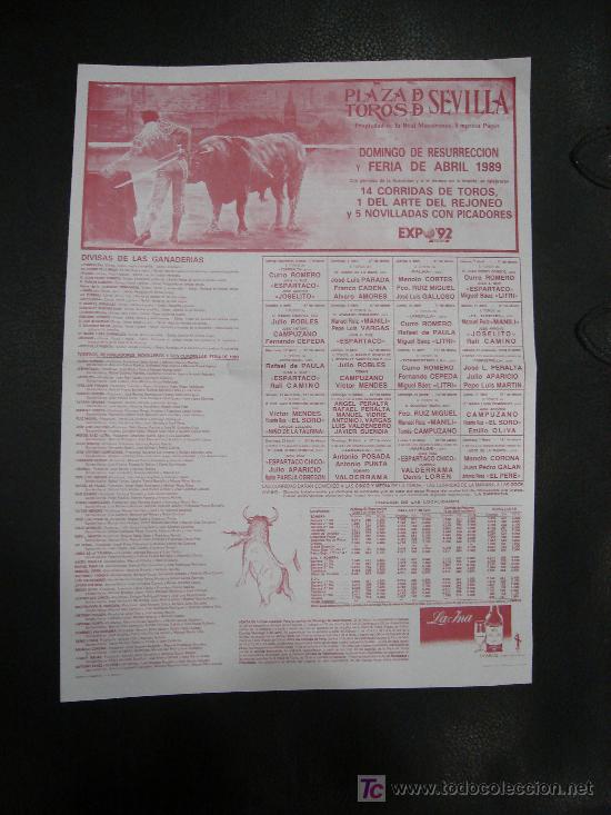 Tauromachie: CARTEL DE TOROS. PLAZA DE TOROS DE SEVILLA. DOMINGO DE RESURRECCION Y FERIA DE ABRIL. 1989.