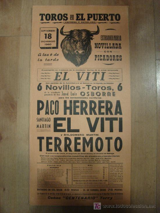 Stierkampf: CARTEL DE TOROS. PLAZA DE TOROS DEL PUERTO. 1960. HERRERA. EL VITI. TERREMOTO.