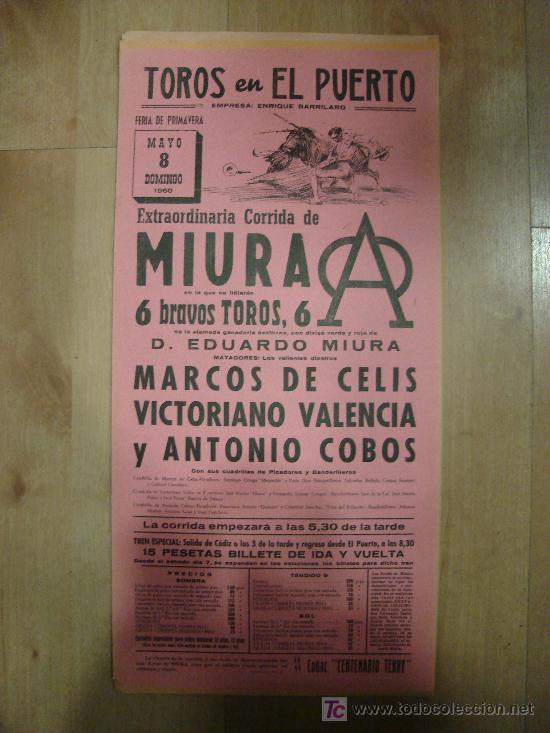Stierkampf: CARTEL DE TOROS. PLAZA DE TOROS DEL PUERTO. 1960. DE CELIS. VALENCIA. COBOS.