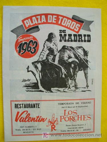 Tauromaquia: Programa de Mano: PLAZA DE TOROS DE MADRID 18 Abril 1963. Julio Aparicio y Miguel Baez Litri