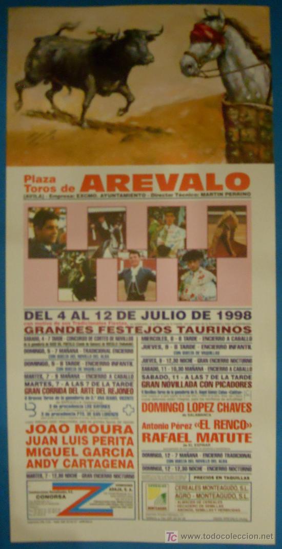Bullfighting: CARTEL DE TOROS. PLAZA DE TOROS DE AREVALO. 3 ESPECTACULOS CON MOTIVO DE SUS FIESTAS 1998.