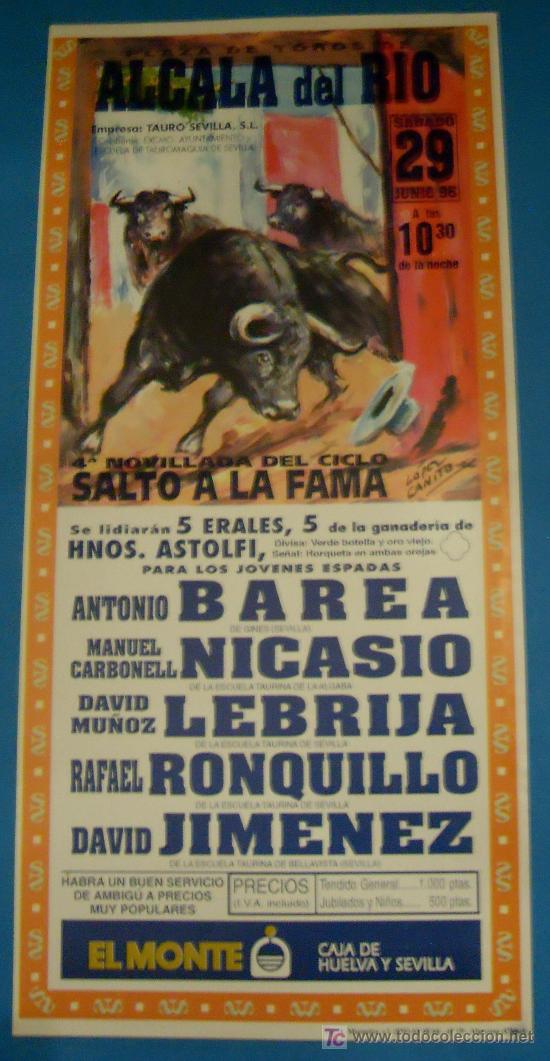 Bullfighting: CARTEL DE TOROS. PLAZA DE TOROS DE ALCALA DEL RIO. 5 ERALES LIDIADOS A LAS 10.30 DE LA NOCHE, 1996.