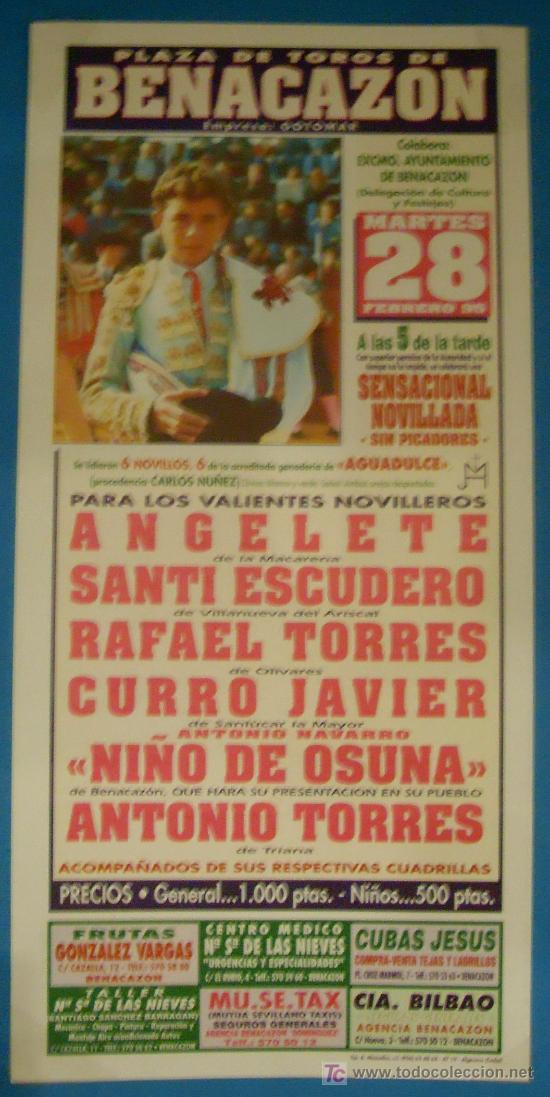 Tauromaquia: CARTEL DE TOROS. PLAZA DE BENACAZON. ANGELETE, ESCUDERO, TORRES, CURRO JAVIER, NI&Ntilde;O DE OSUNA...