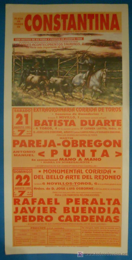 Tauromaquia: CARTEL DE TOROS. PLAZA DE CONSTANTINA. CORRIDA CONCURSO DE GANADERIAS. AGOSTO DE 1993.
