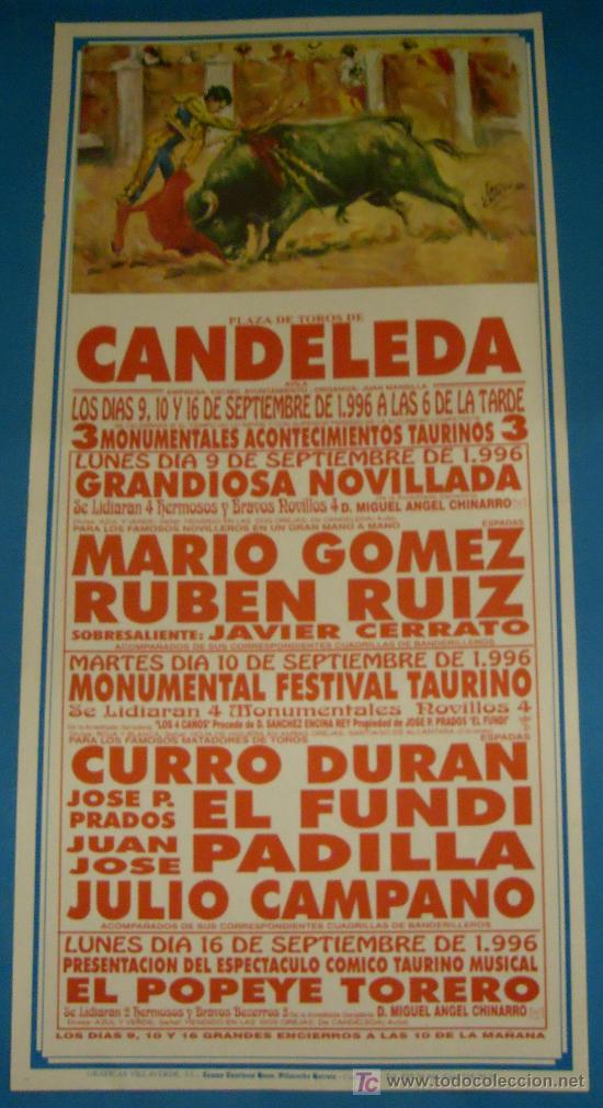Tauromaquia: CARTEL DE TOROS. PLAZA DE LA CANDELEDA. MARIO GOMEZ, RUBEN RUIZ, CURRO DURAN, EL FUNDI, PADILLA...