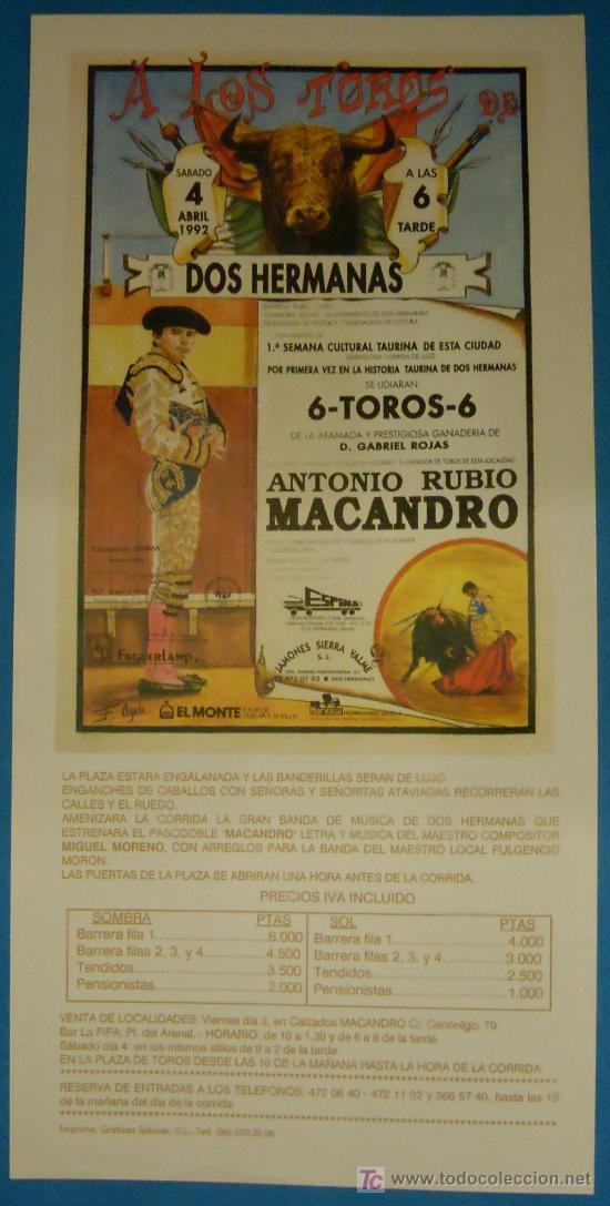 Tauromachia: CARTEL DE TOROS. PLAZA DE TOROS DE DOS HERMANAS. MANO A MANO ENTRE ANTONIO RUBIO MACANDRO. 1992.