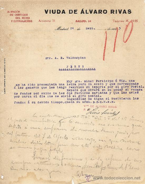 Tauromachia: MADRID 24 DE SEPTIEMBRE DE 1923. CARTA COMERCIAL VIUDA DE ALVARO RIVAS