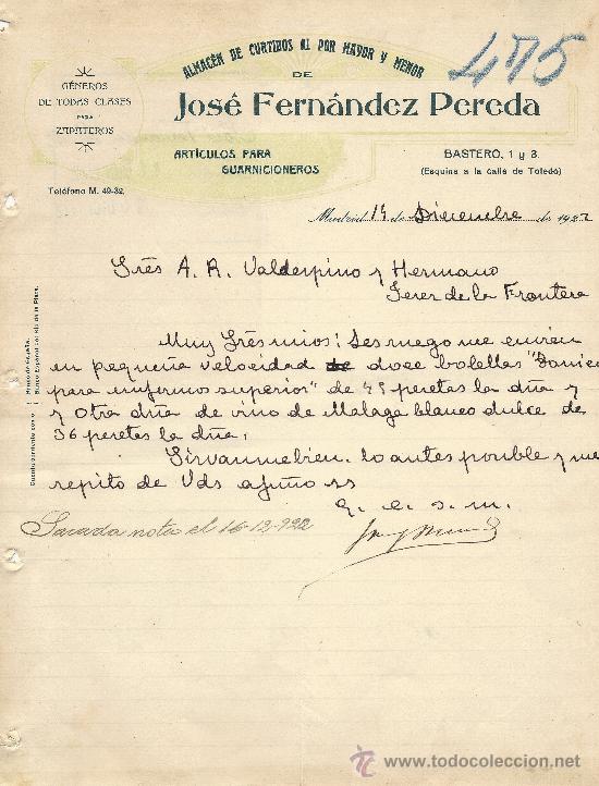 Tauromachia: MADRID 14 DE DICIEMBRE DE 1922. CARTA COMERCIAL ALMACEND E CURTIDOS AL POR MAYOR Y MENOR DE JOSE