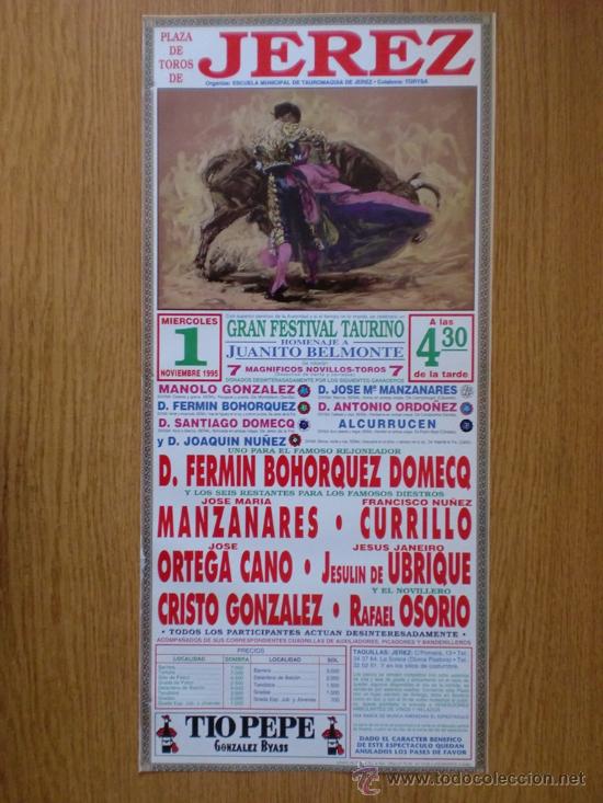 Tauromachia: CARTEL DE TOROS. JEREZ 1995. JOSE MARIA MANZANARES, JOSE ORTEGA CANO, JESULIN DE UBRIQUE.