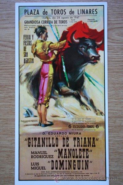 Tauromaquia: Postal que reproduce el cartel de toros de la muerte del diestro &rdquo;Manolete&rdquo; el 28 de agosto de 1947