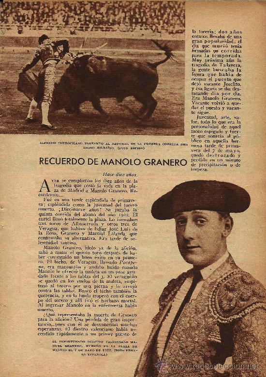 Stierkampf: * TOROS * Recuerdo de Manolo Granero, Manuel del Pozo Rayito - 1932