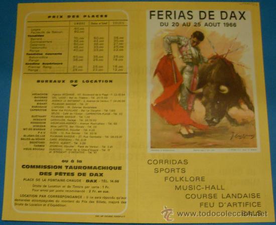Tauromaquia: PROGRAMA DE MANO. PLAZA DE TOROS DE DAX. A&Ntilde;O 1966. - Foto 1
