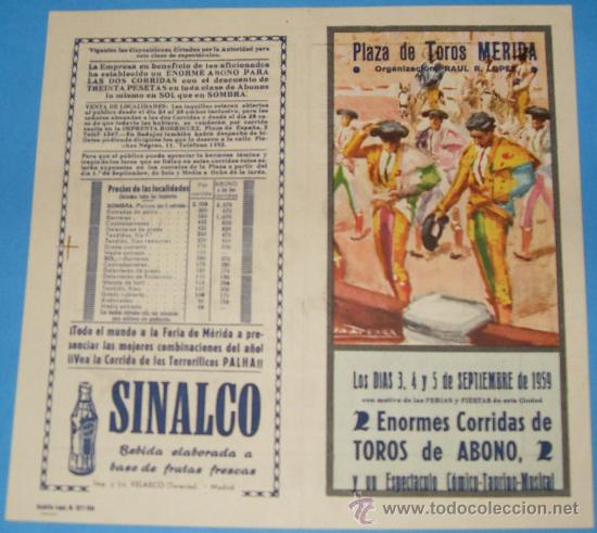 Tauromaquia: PROGRAMA DE TOROS. PLAZA DE MERIDA. 2 ENORMES CORRIDAS DE TOROS DE ABONO. A&Ntilde;O 1959. - Foto 1