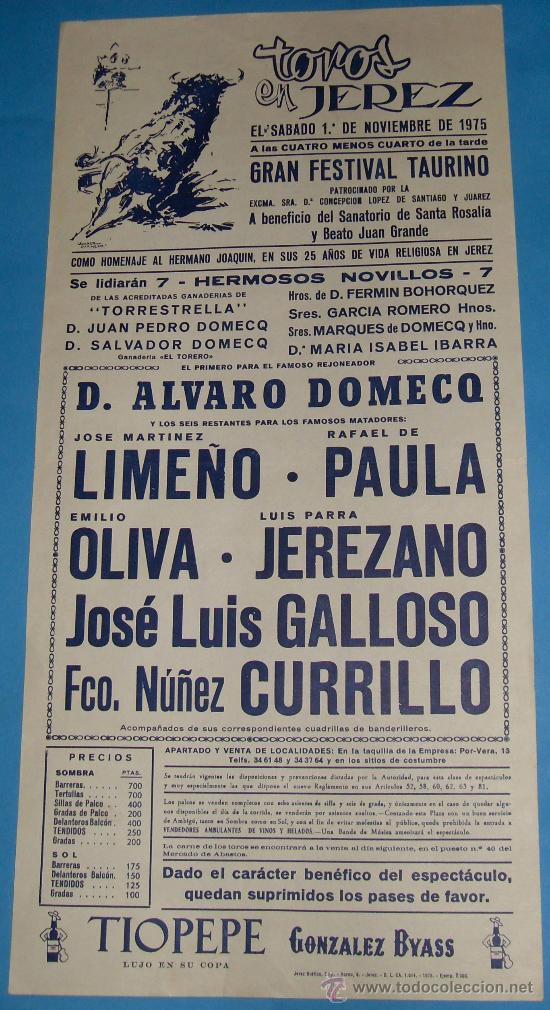 Stierkampf: CARTEL DE TOROS. PLAZA DE JEREZ. LIME&Ntilde;O, PAULA, CURRILLO, JEREZANO, E. OLIVA, GALLOSO. A&Ntilde;O 1975.
