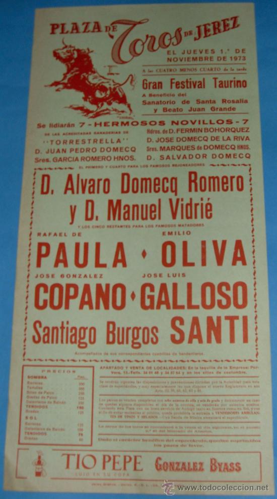Stierkampf: CARTEL DE TOROS. PLAZA DE JEREZ. PAULA, E. OLIVA, COPANO, GALLOSO, SANTI. A&Ntilde;O 1973.