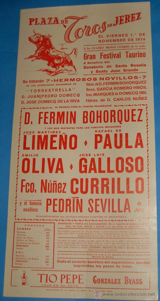 Stierkampf: CARTEL DE TOROS. PLAZA DE JEREZ. PAULA, E. OLIVA, COPANO, GALLOSO, CURRILLO. A&Ntilde;O 1974.